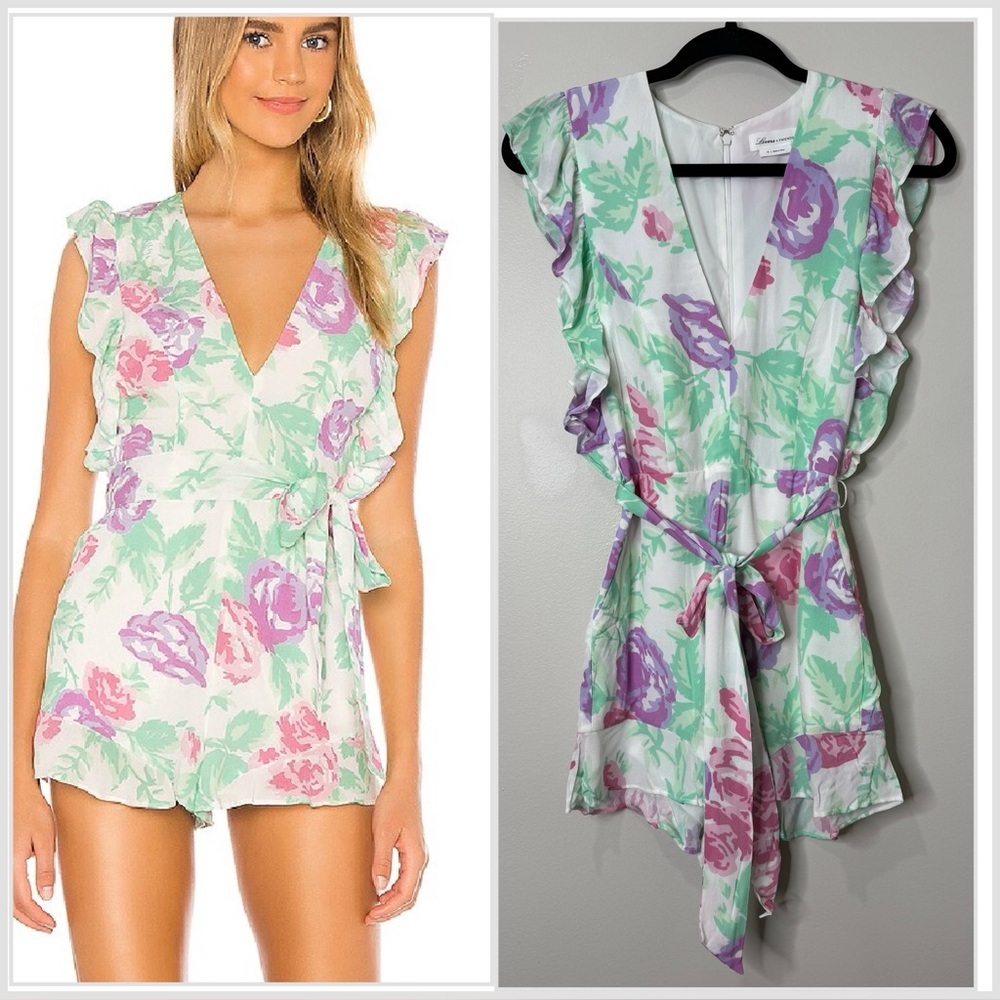 Lovers + Friends Revolve Jill Pastel Floral Print Flutter Sleeve Belted‎ Romper